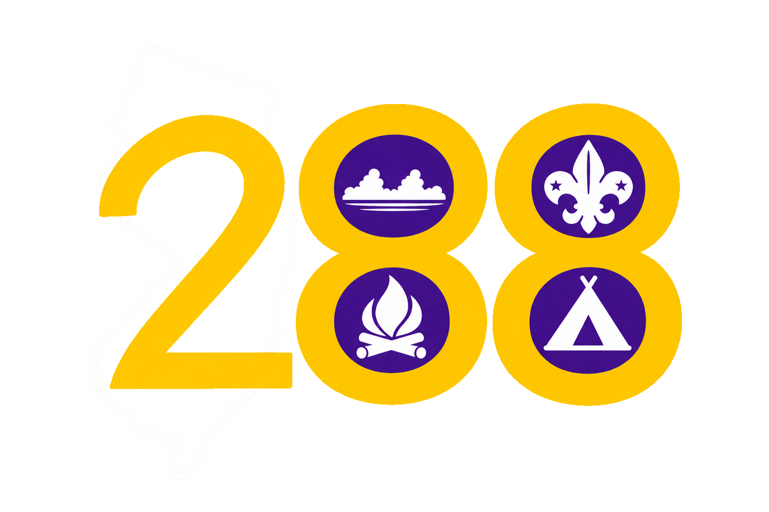 Troop 288 logo featuring yellow numerals, a New Jersey outline, and Scouting and camping symbols